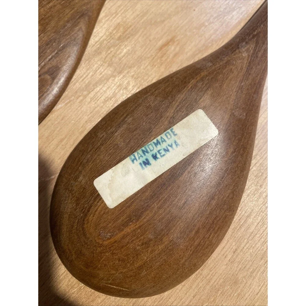 African Hand Carved Wood Spoon & Fork Salad Servers Vintage Estate Leopard Kenya